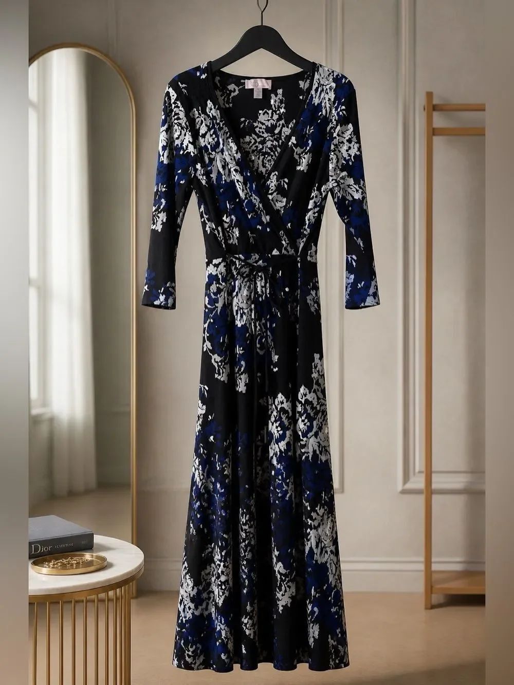 BLACK PRINT 3/4 SLEEVE SURPLUS DRESS BY NINE WEST